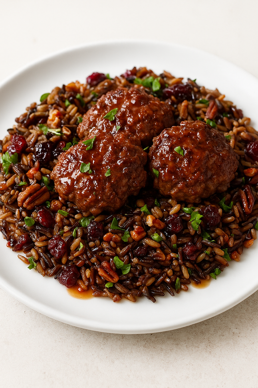 Maple-Glazed Bison with Wild Rice & Cranberry-Pecan Sauté