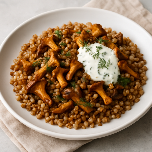 Russian Wild Mushroom & Buckwheat Kasha with Sour Cream Dill Sauce