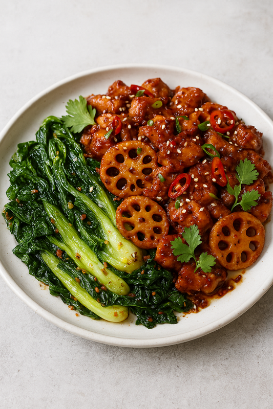Dragon Pepper Lotus Chicken With Charred Ginger Greens