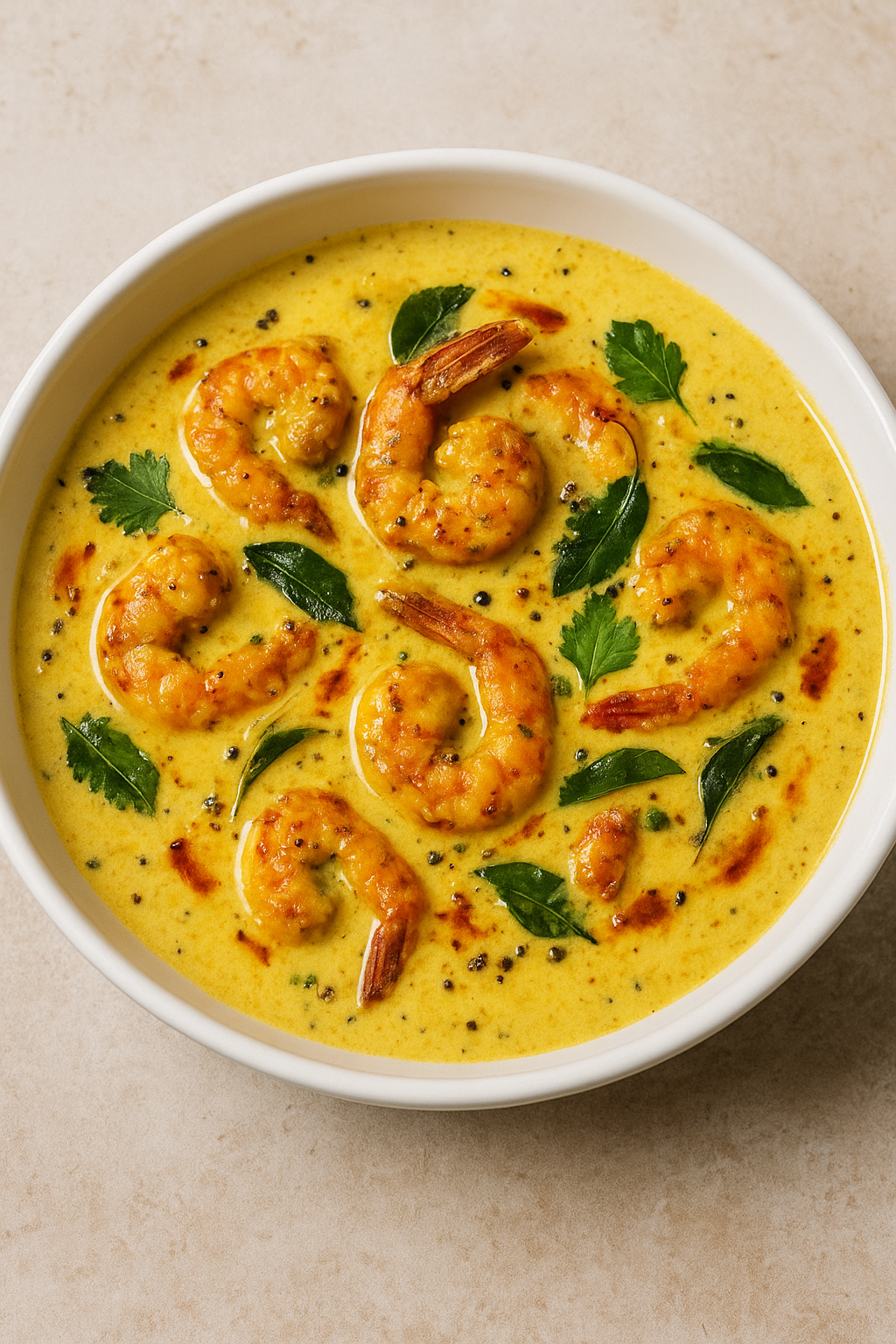 Saffron-Tamarind Prawn Kadhi with Smoked Coconut Oil Drizzle