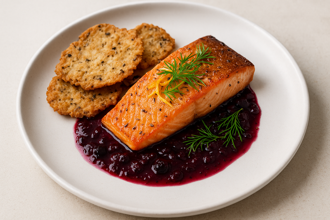 Cedar-Smoked Arctic Char with Saskatoon Berry Gastrique and Wild Rice Bannock Crisps