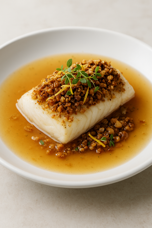 London Fog Marmalade Tea-Poached Cod with Chestnut Crumble