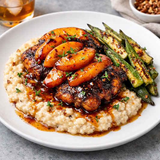 Blackened Bourbon Peach Chicken with Smoked Pecan Grits & Charred Okra
