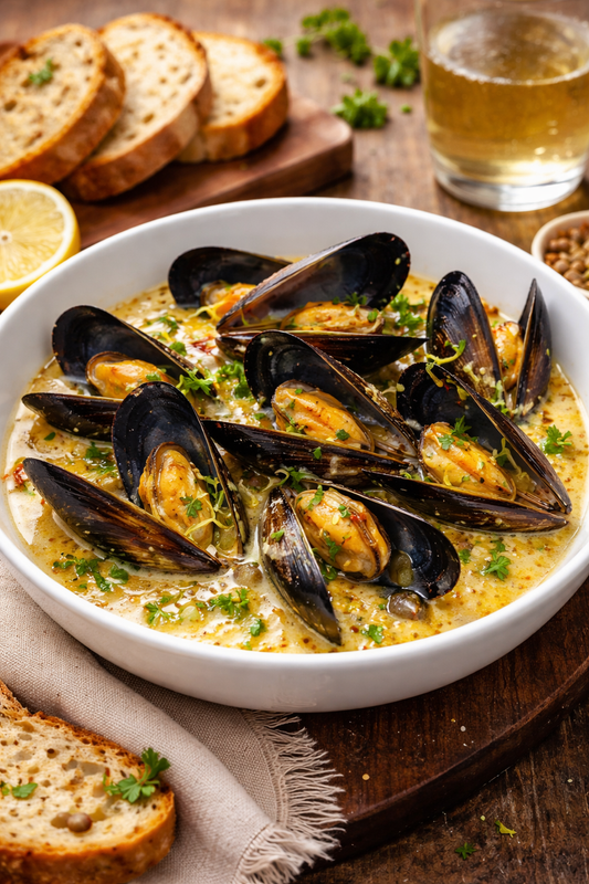 Saffron-Braised British Mussels with Cider, Leeks & Mustard Cream