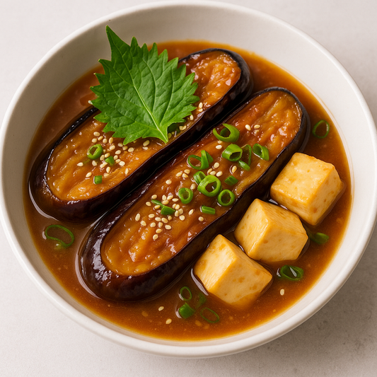 Japanese Miso Braised Eggplant with Tofu & Shiso