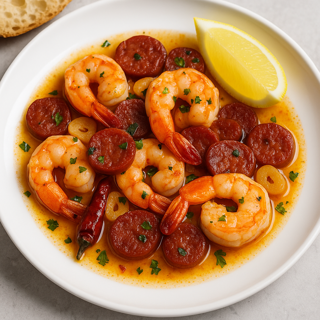Gambas al Ajillo con Chorizo (Garlic Shrimp with Spanish Sausage)