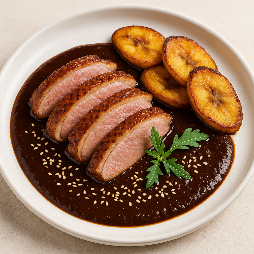 Duck Breast with Oaxacan Black Mole and Fried Plantains