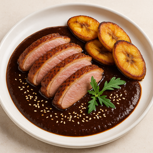 Duck Breast with Oaxacan Black Mole and Fried Plantains