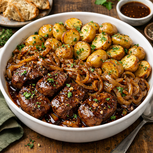Irish Whiskey–Glazed Venison with Caramelized Onions & Herb Potatoes