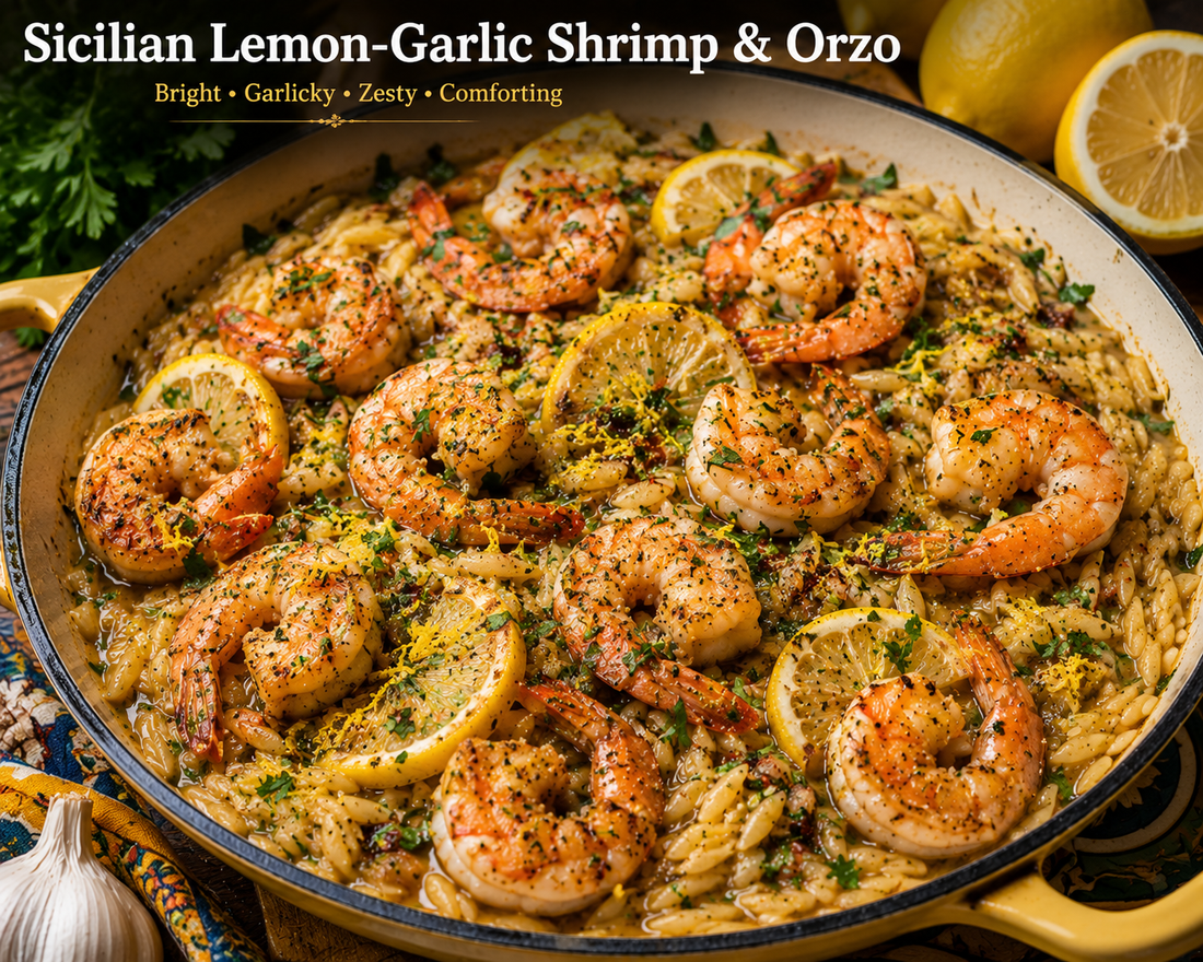 Sicilian Lemon‑Garlic Shrimp & Orzo