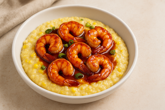 Bourbon Maple Glazed Shrimp over Sweet Corn Grits