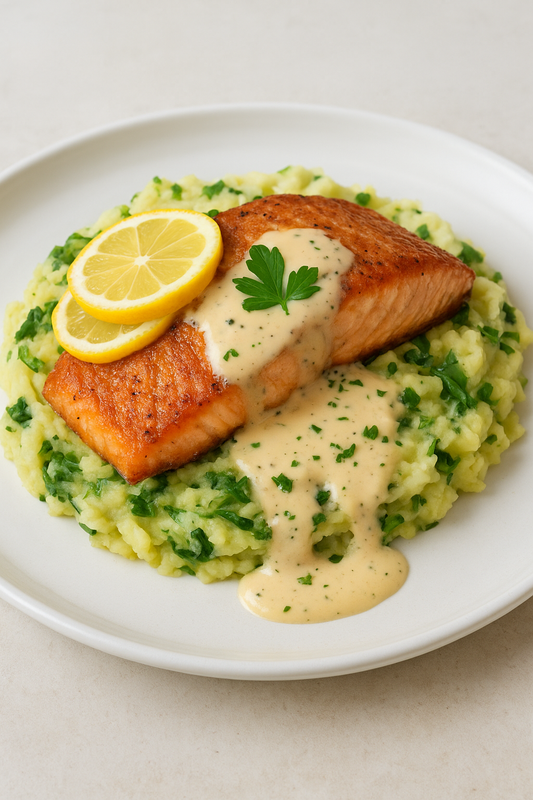 Skillet Seared Salmon with Colcannon Mash & Whiskey Cream Sauce