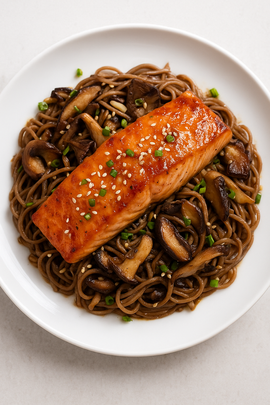 Japanese Miso-Glazed Salmon with Wild Mushroom & Soba Stir Fry