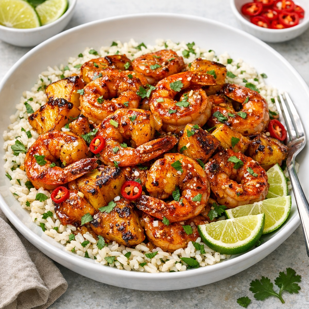 Tamarind‑Coconut Firecracker Shrimp With Charred Pineapple & Herb Rice